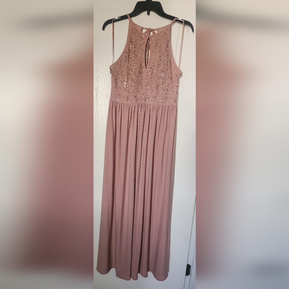Women's Blush/Nude Sequin Formal Dress With Tie Back.